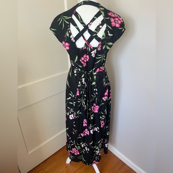VTG 90S DRESSBARN moody pink Floral Black button dress cross back sz 8 50s 60s - Picture 3 of 11